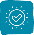 Illustration of a sun symbol with a check mark inside, set against a teal background, representing positivity and approval.